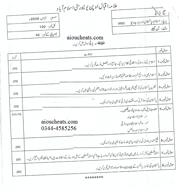 AIOU Past Years Papers of Islam, Pakistan, Jadeed Duniya Code 652 (B.Ed)