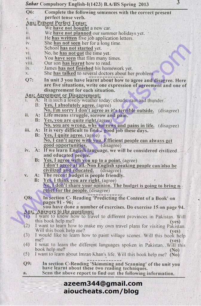AIOU Free Solved Assignment English Code 1423 for B.A Spring 2013