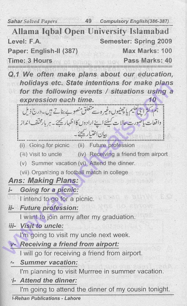 aiou english intermediate solved papers