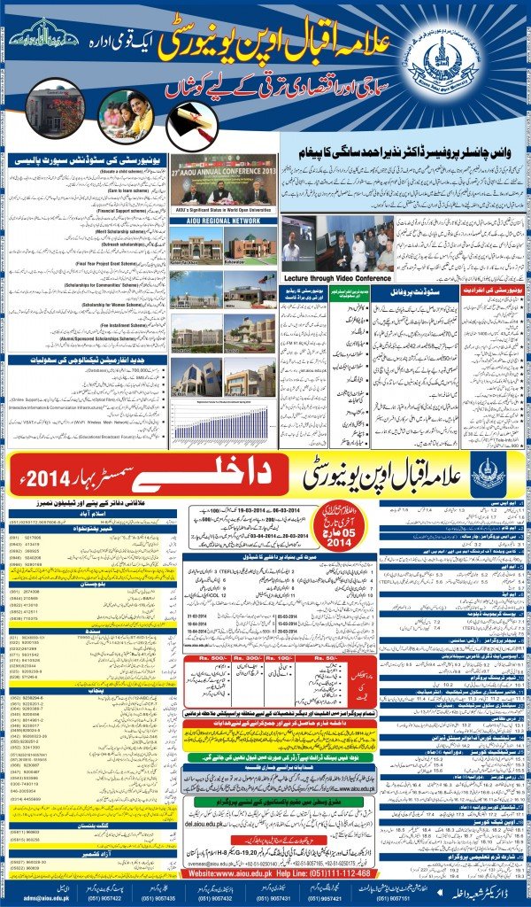 Admission Spring 2014 in AIOU details