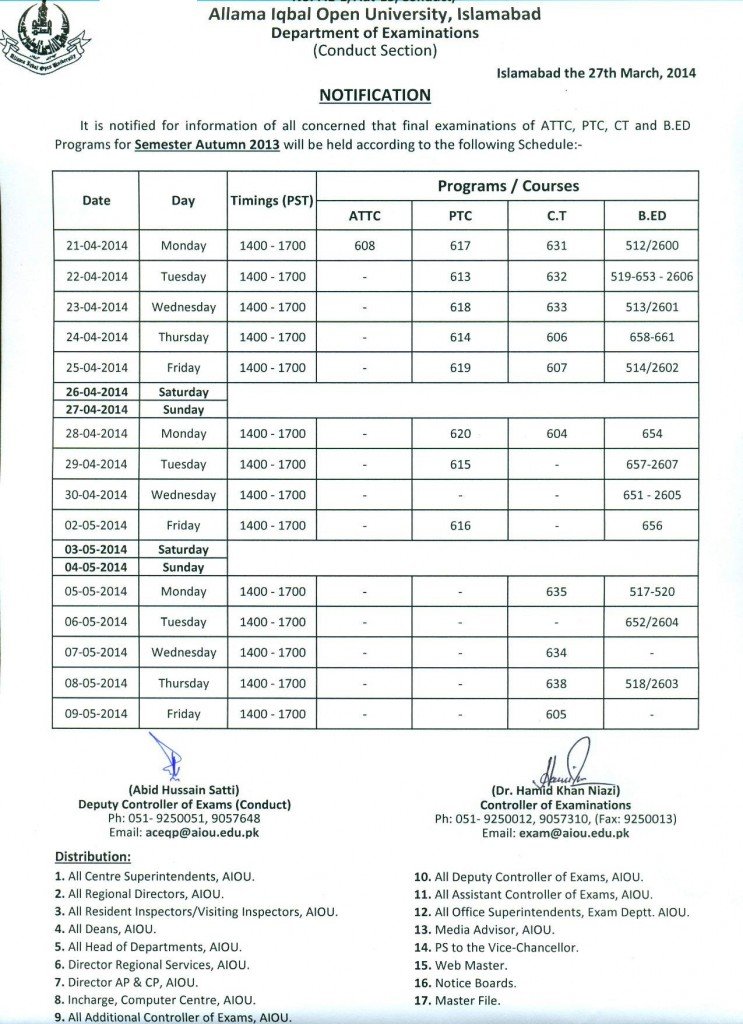 Datesheet of AIOU Exam autumn 2013 and 2014