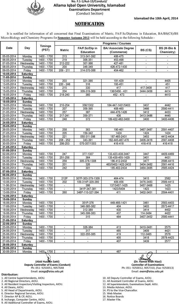 date sheet for Autumn 2013 - 2014 final exams of AIOU
