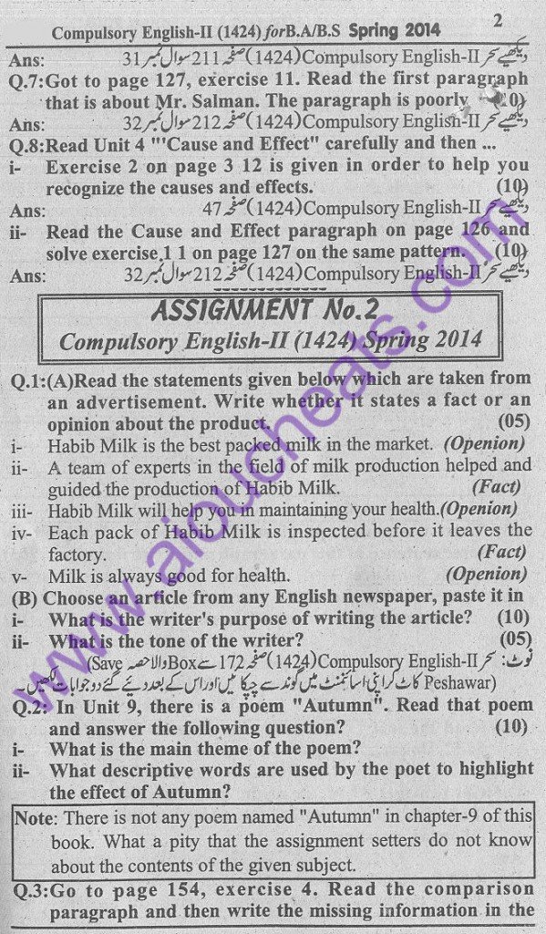 AIOU 2nd Solved Assignment code 1424 for semester Spring 2014