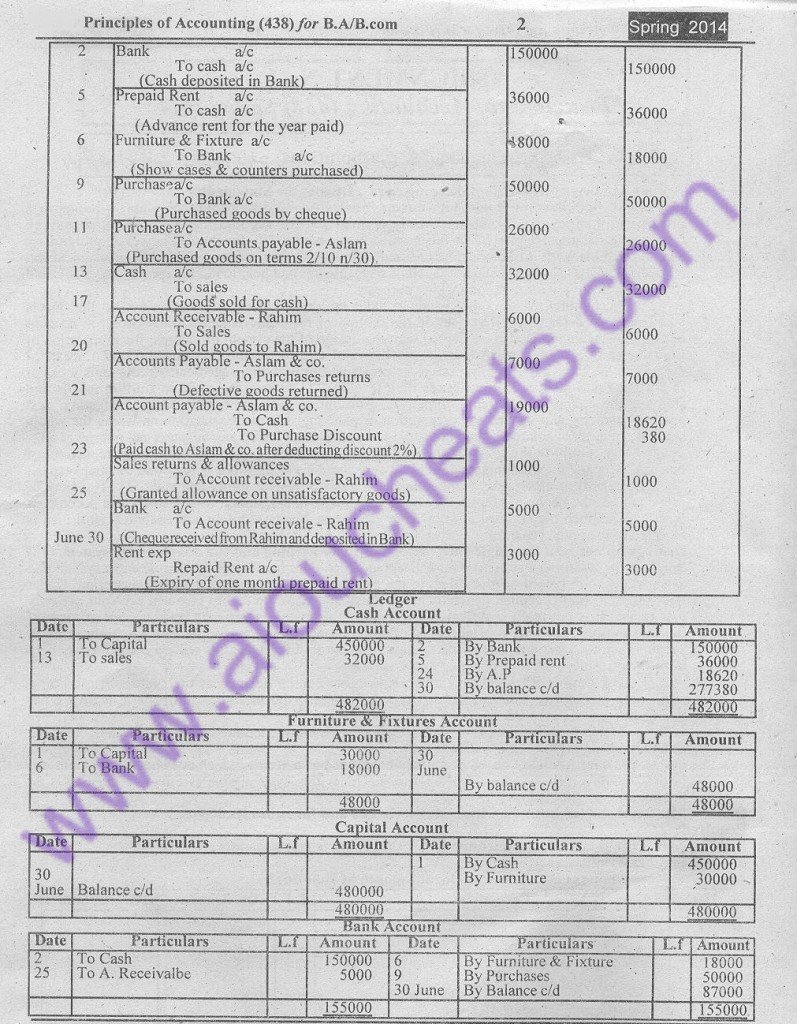 Principles of Accounting Code 438 BA / B.Com AIOU Free solved 2014