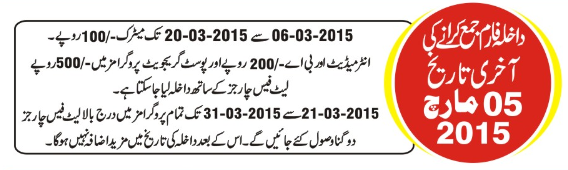 AIOU Admissions 2015 Spring semester last date to apply